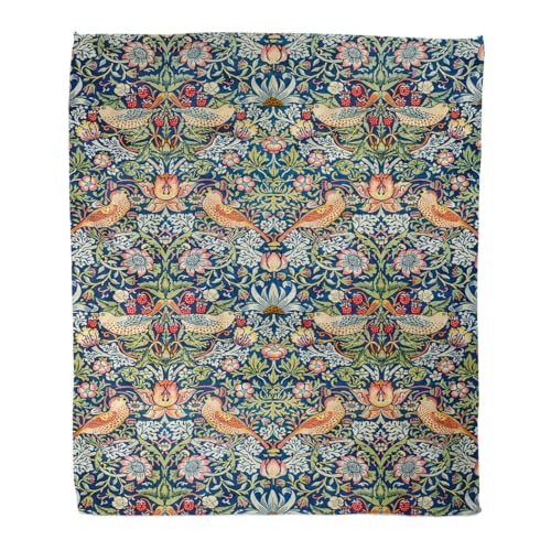 WWOOPLL William Morris Home Decor Throw Blanket Strawberry Thief Floral Warm Soft Cozy Flannel Bed Blankets for Bed Couch Sofa and Chair Comfort for Kids Teens and Adults 150x200cm