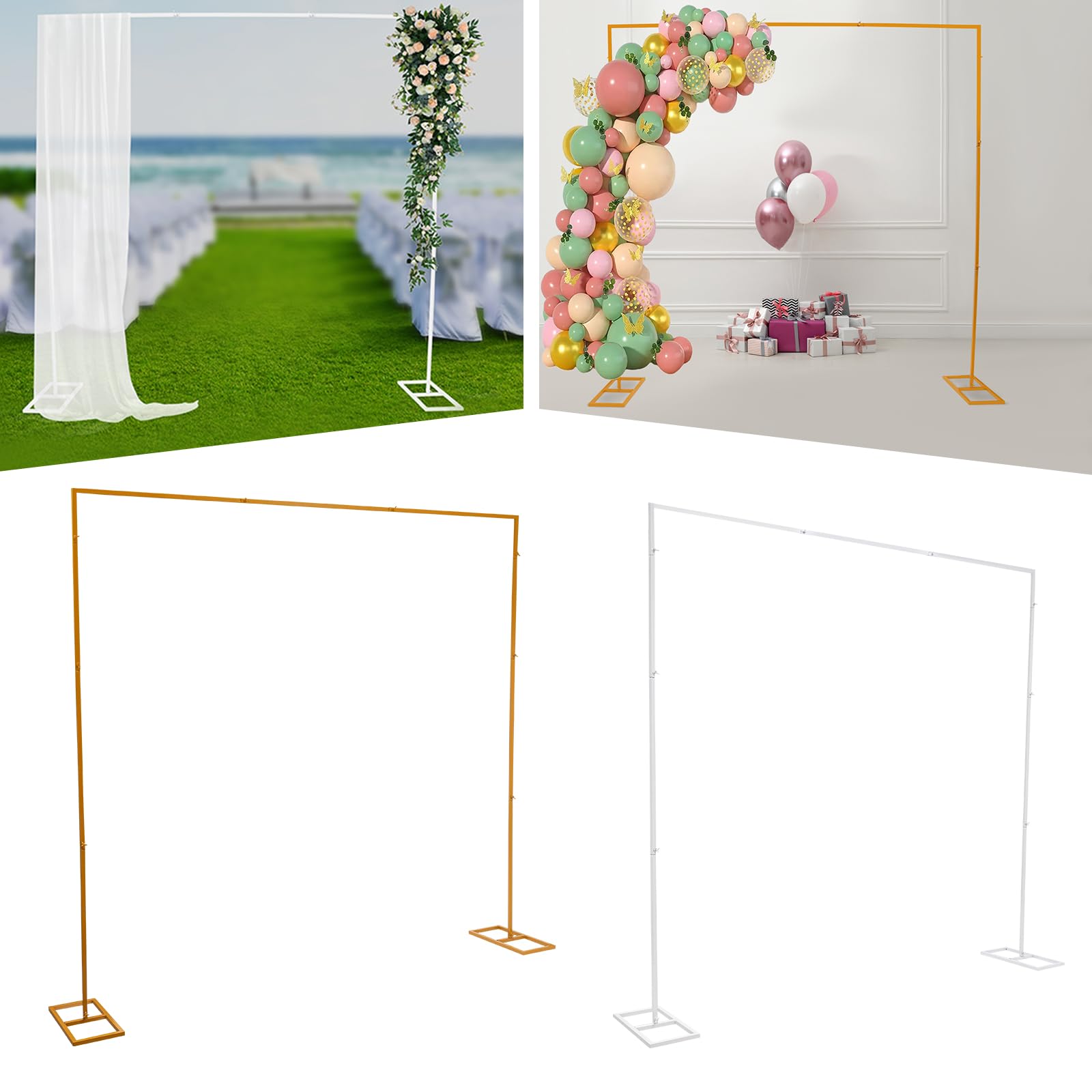 2,4 x 2,4 m, arco de boda, de metal, rectangular, para bodas, fondo, soporte para globos, soporte para boda, color blanco