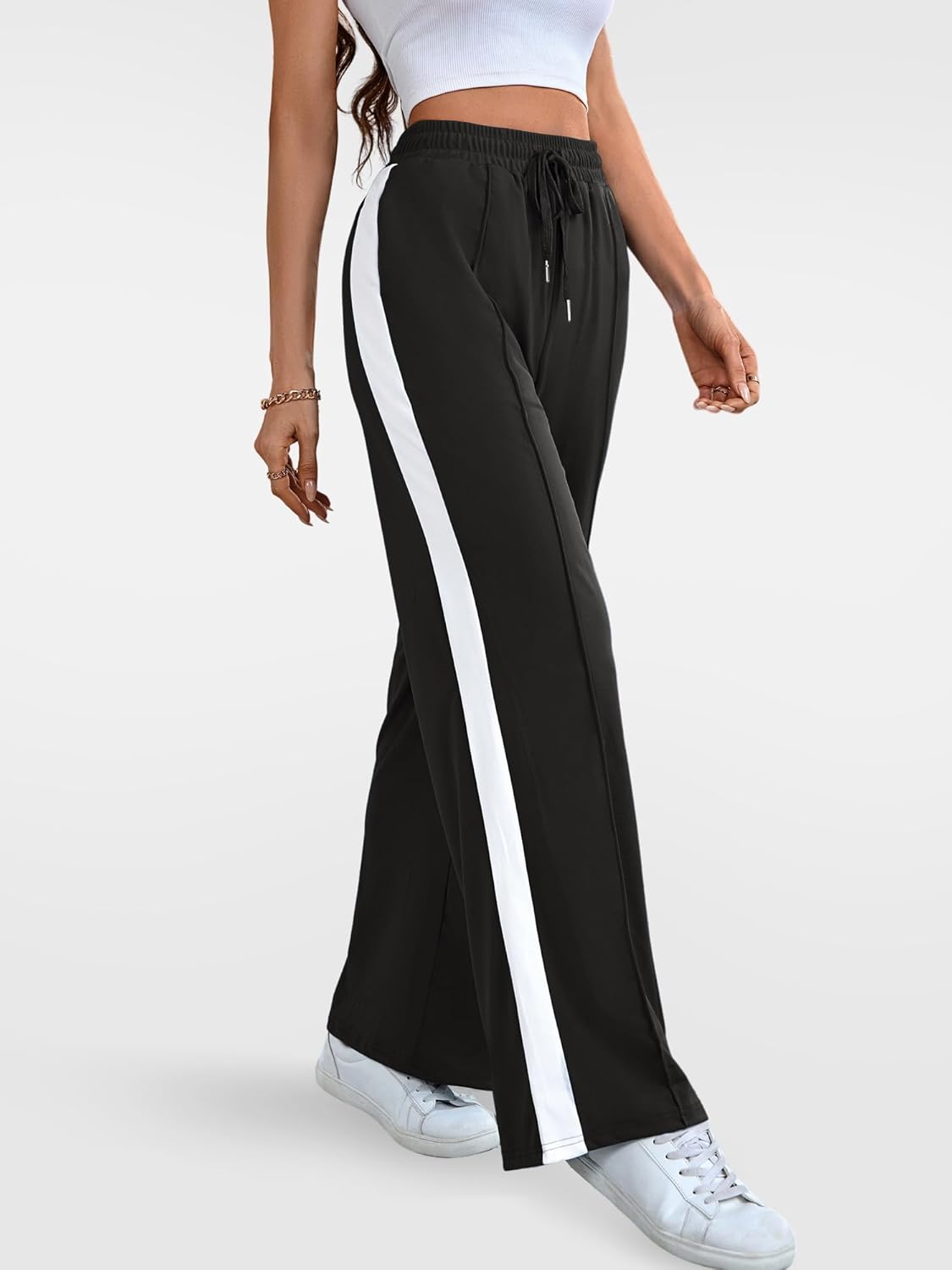 Wide Leg Sweatpants Women High Waisted Baggy Sweat Pants Active Striped Track Pants with Pockets - Image 3