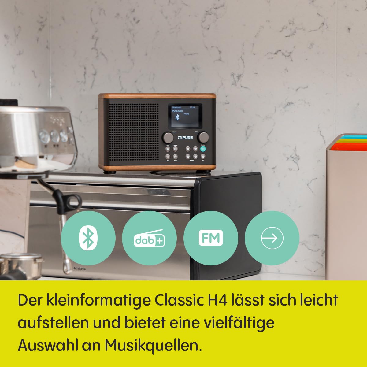 Pure Classic H4 DAB+ Radio – Digitalradio mit Bluetooth 5.3, 10W Lautsprecher, 2.4'' TFT‑Farbdisplay, Küchen‑Timer, Wecker, 80 Sender, AUX‑In, USB, stilvolles Küchenradio Kaffeebraun/Walnuss