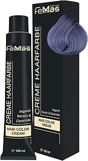 FemMas Tinte para el cabello azul metálico, crema profesional con aceite de argán, queratina y ceramidas, como coloración permanente del cabello o tinte para resultados de color brillantes y