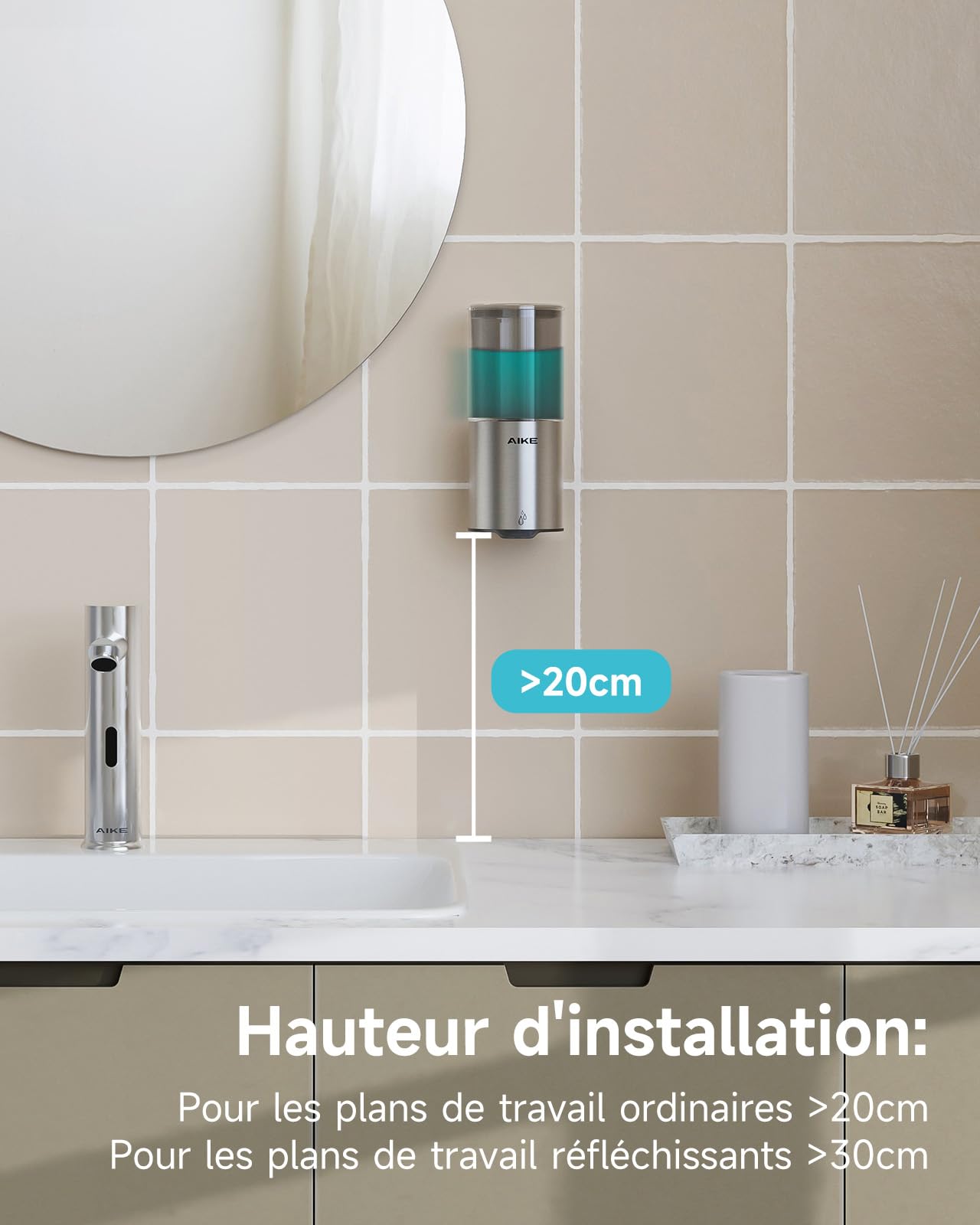 AIKE Distributeur de Savon Automatique pour Liquide, Montage Murale pour Cuisine et Salle de Bain, IPX7 Étanche avec 400ml Acier Inoxydable Brossé