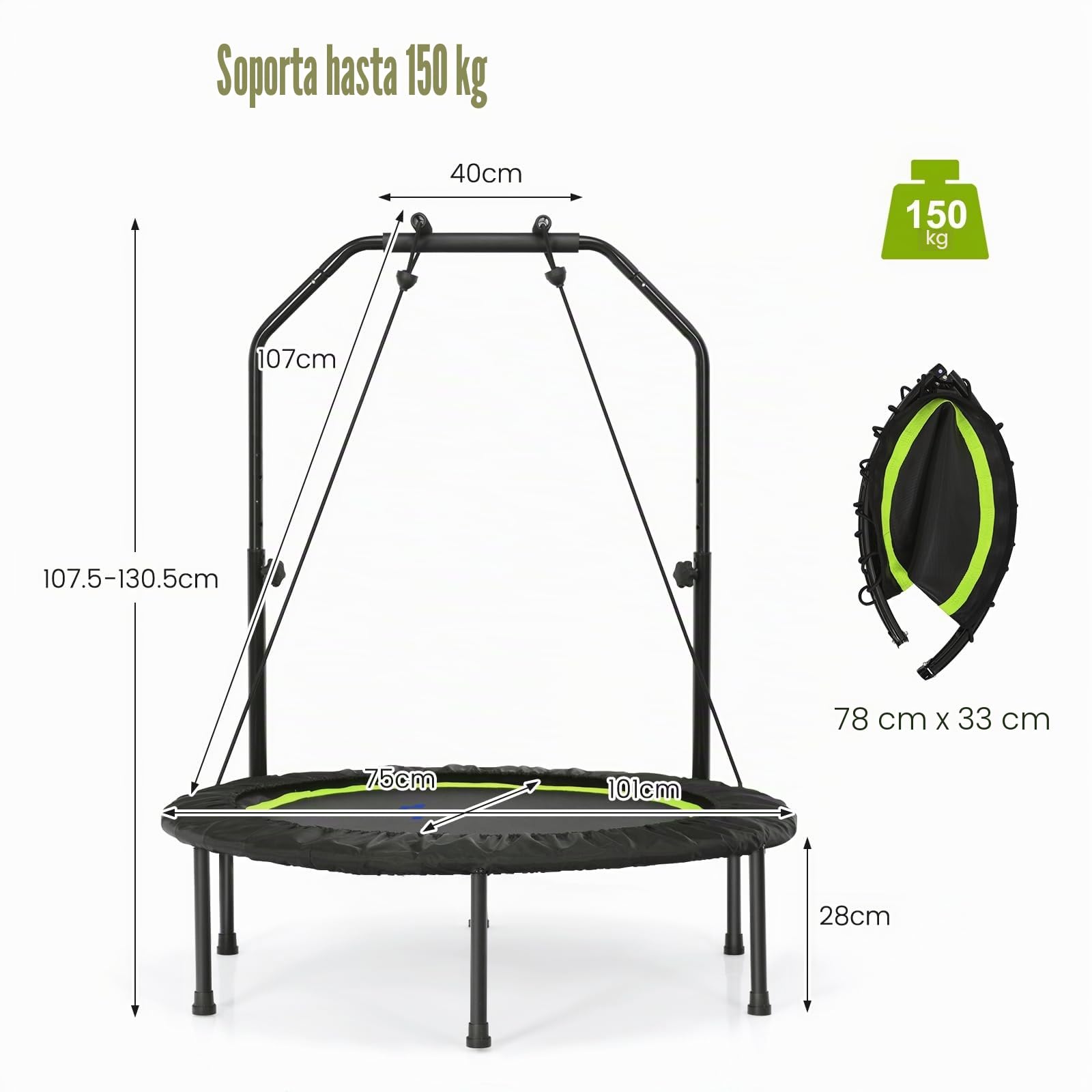 LIFEZEAL Fitness Trampolín Plegable φ101cm, Jumper con Barra de Seguridad, 2 Bandas de Resistencia, Altura Ajustable 107,5-130,5 cm, Estructura de Acero, Capacidad 150 kg, Interior y Exterior