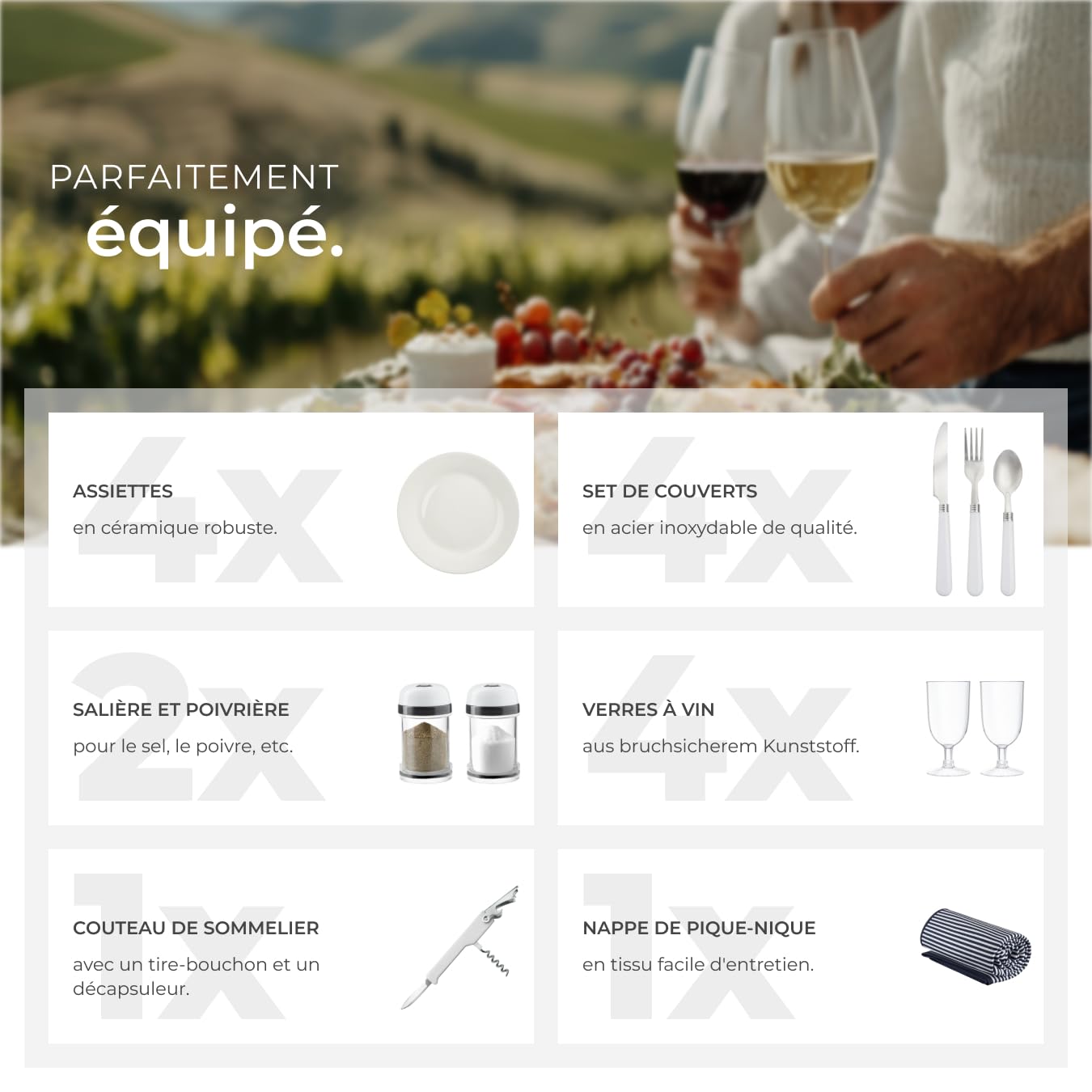 tectake® Panier en osier avec couvercle pique nique Set complet 4 pers. avec Nappe Assiettes Couverts Tire bouchon Verres à vin incassables Sac isotherme salière et poivrière pour Jardin camping plage