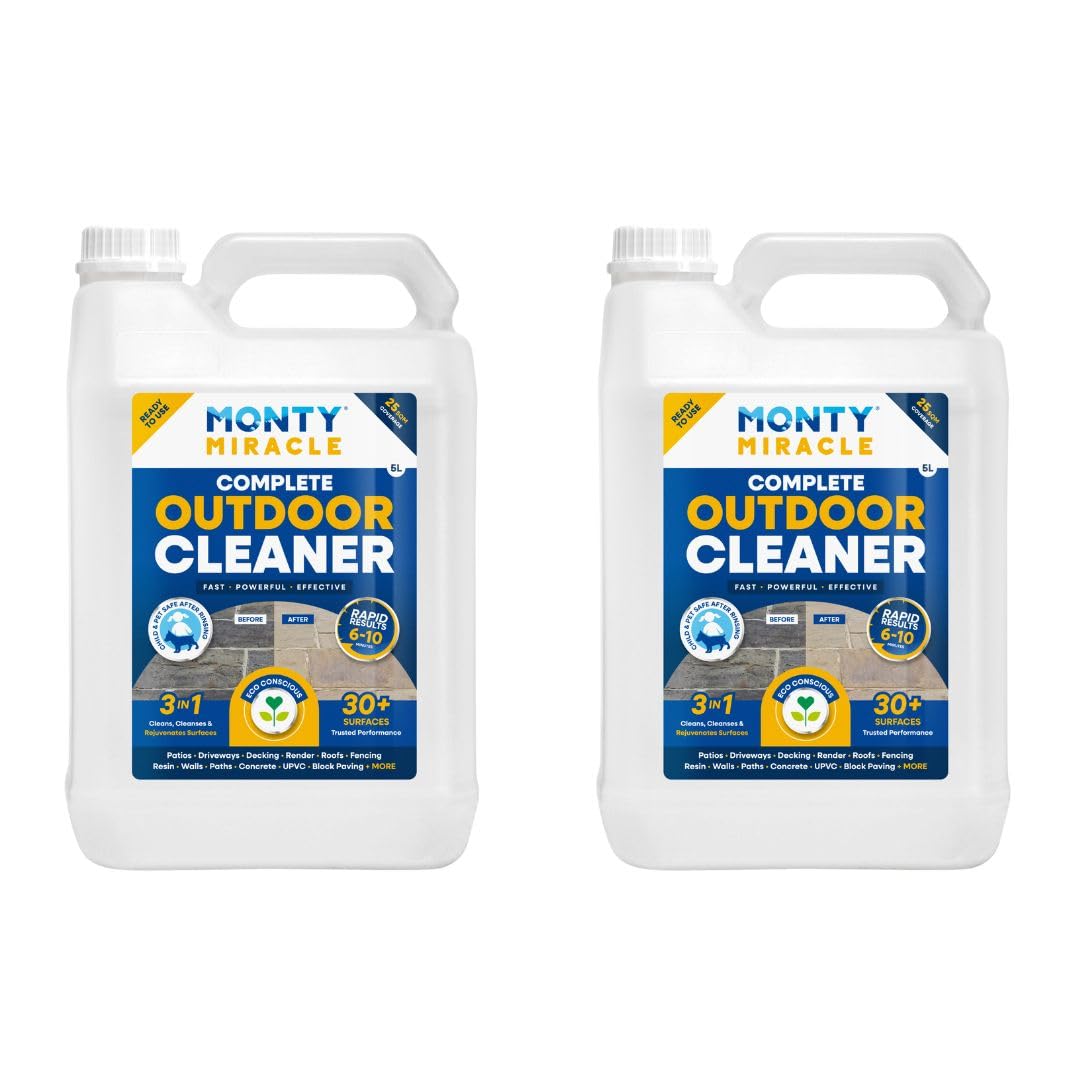 Monty Miracle® Outdoor Cleaner, 5 Litre. Clean & Rejuvenate your Patio, Decking, Fencing, Paths, Driveway, Render & More - Results in 6-10 Minutes! Slip free & eco - conscious. (Offer for 2)
