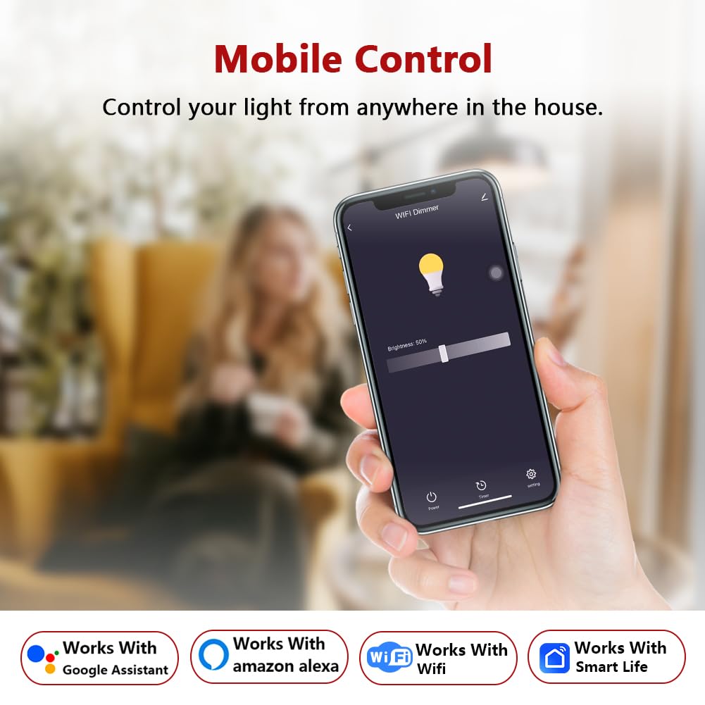 Variateur d'intensité WiFi/WiFi - Pour LED et halogène à intensité variable - 230 V - Pour lampes LED - Variateur rotatif encastré - Compatible avec Alexa et Google Home - 5-200 W