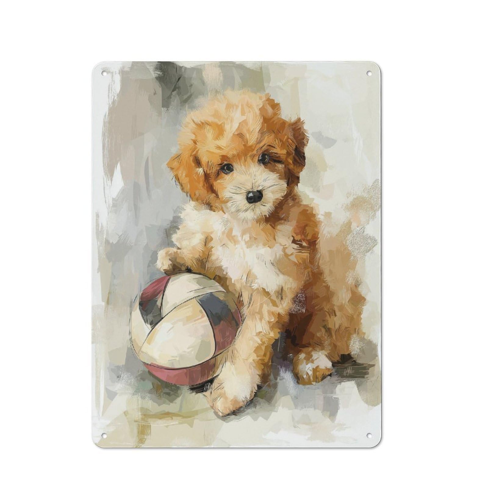 Junmoney Fluffy Poodle Puppy With Rugby Ball Retro Metal Sign 40X30cm For Living Room Or Hallway, For Updating Living Room And Hallway After Moving