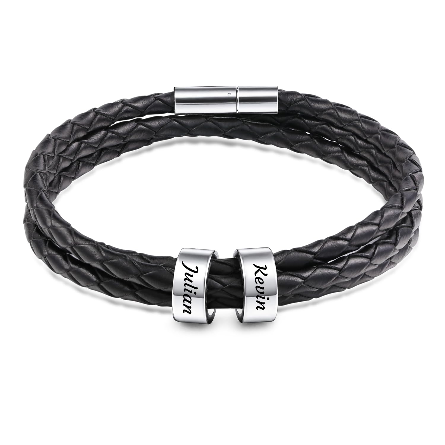 AOTXOXTOA personalizados para hombres de cuero pulsera de trenza con 1~5 nombres acero inoxidable de cuentas de encanto brazalete para hombres mujeres padre marido grabado de identificación