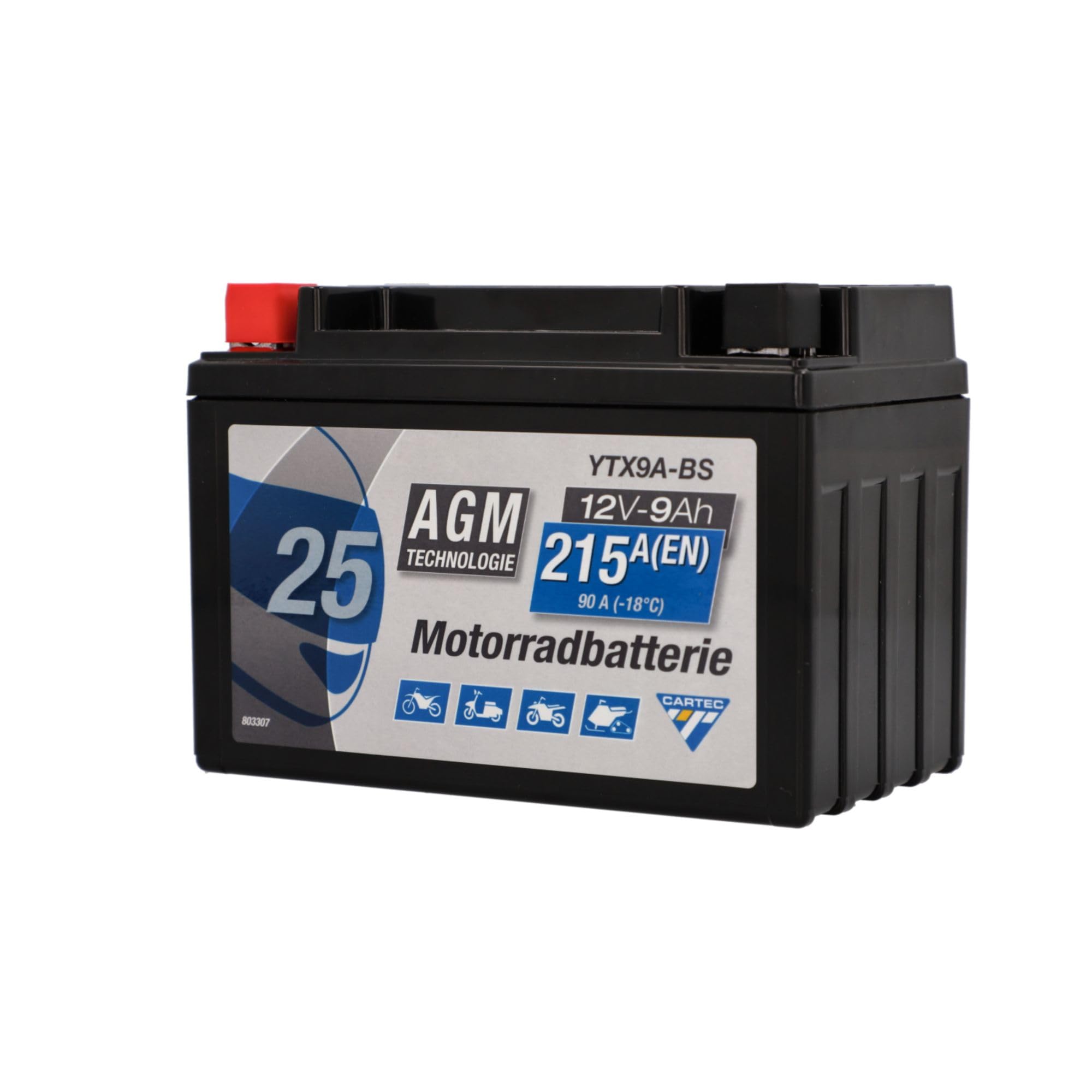 CARTEC YTX9A-BS AGM Motorradbatterie 9Ah 170A, wartungsfrei, auslaufsicher, vibrationsfest, hohe Kaltstartleistung, vorgeladen & versiegelt, für Motorrad, Roller, Scooter & Quad