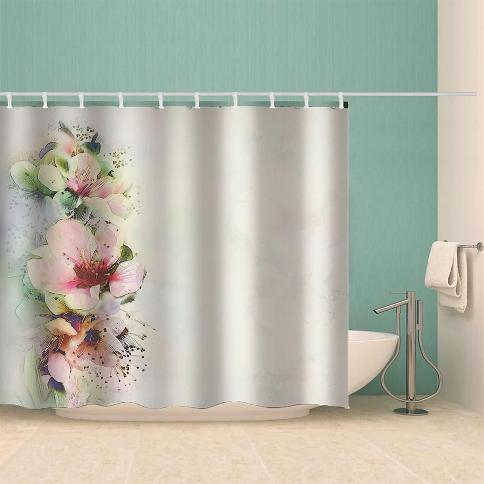 Duschvorhang Wasserdicht Textil Stoff Weiß, Blumen Muster Badvorhang Polyester Anti-Schimmel Schnell Trocknend mit Duschvorhangringen
