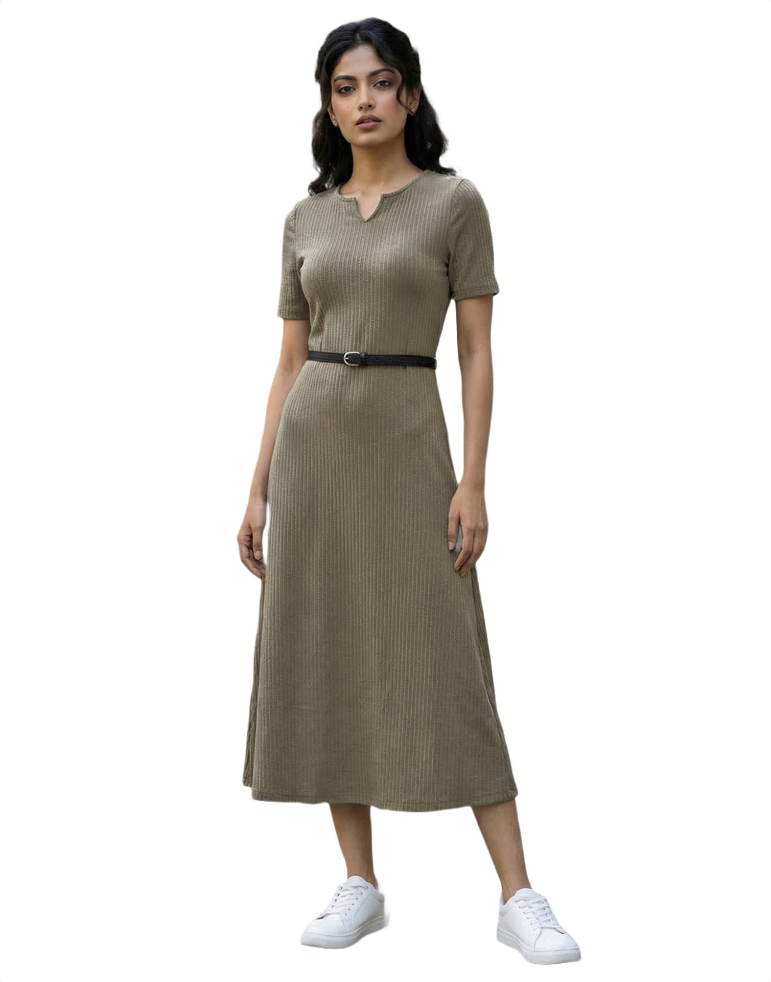 selvia Women Textured Lycra V-Neck A-Line Dress with Belt-picture-37