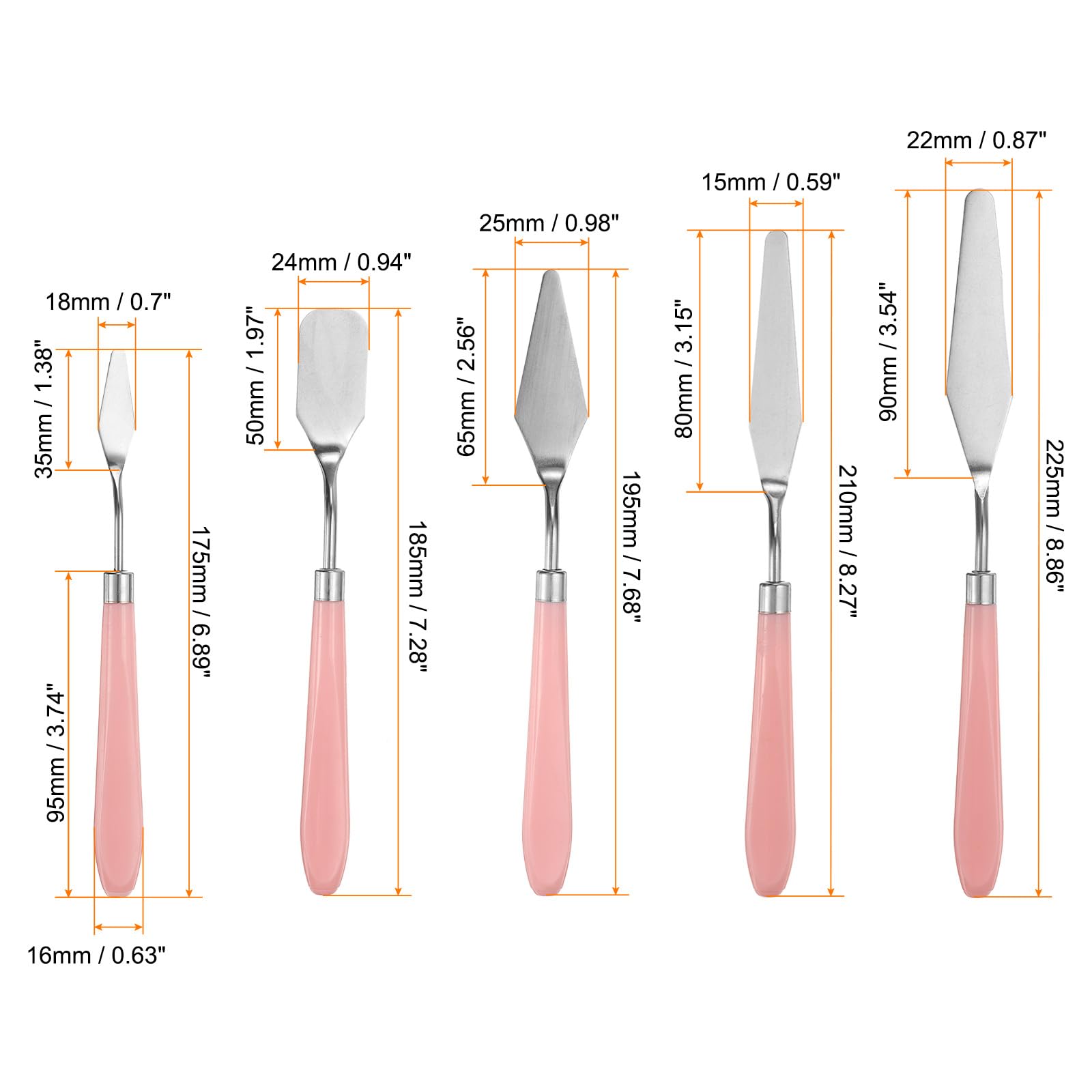 HARFINGTON Set di 5 spatole piatte a punta in acciaio inox, spatole per pittura, pallet, raschietti, strumenti con manico in plastica, per mescolare olio acrilico e tela, rosa