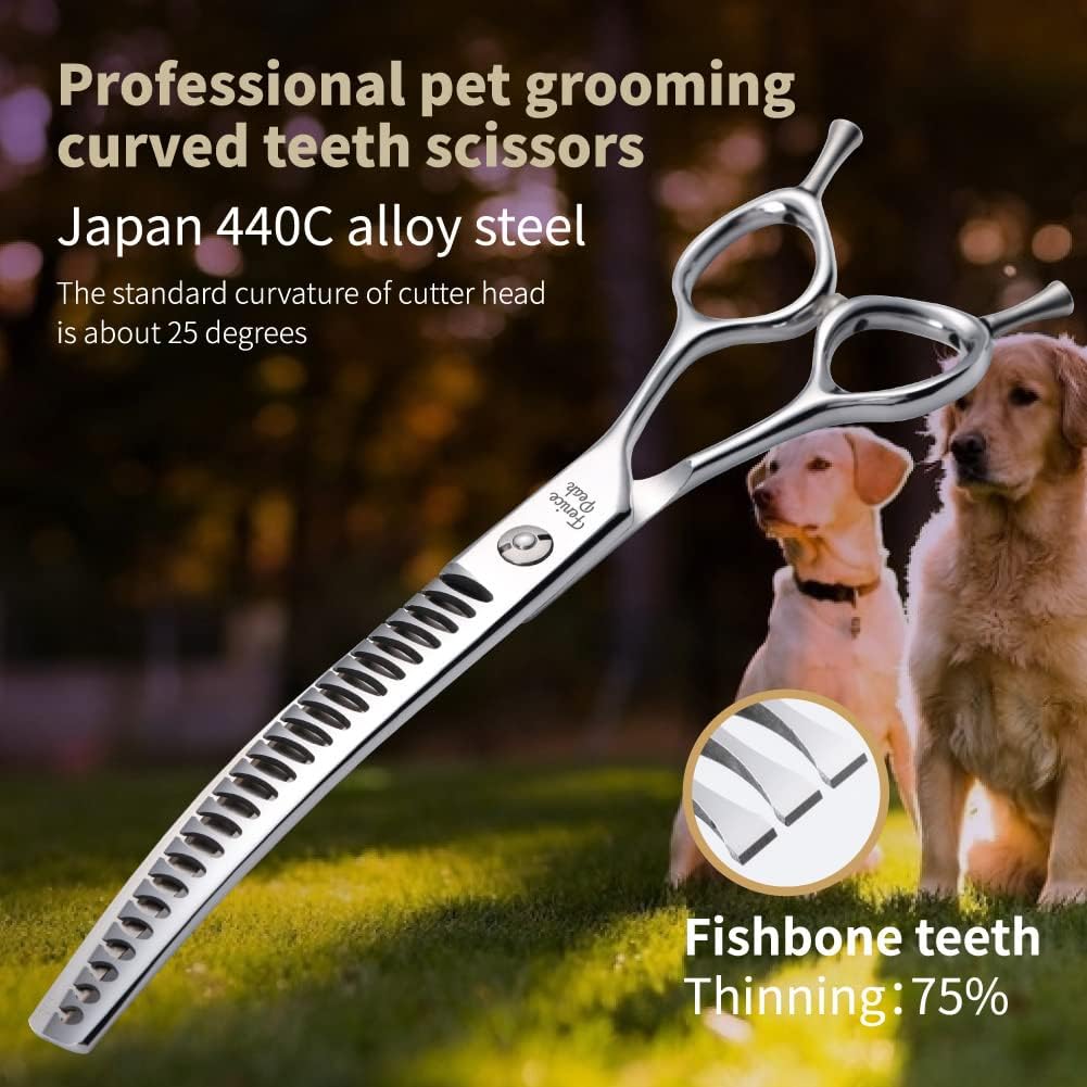 Fenice Peak Dog Grooming Shears Curved Chunker Scissors for Dogs and Cats Face Body Trimming Shears 440C 7''