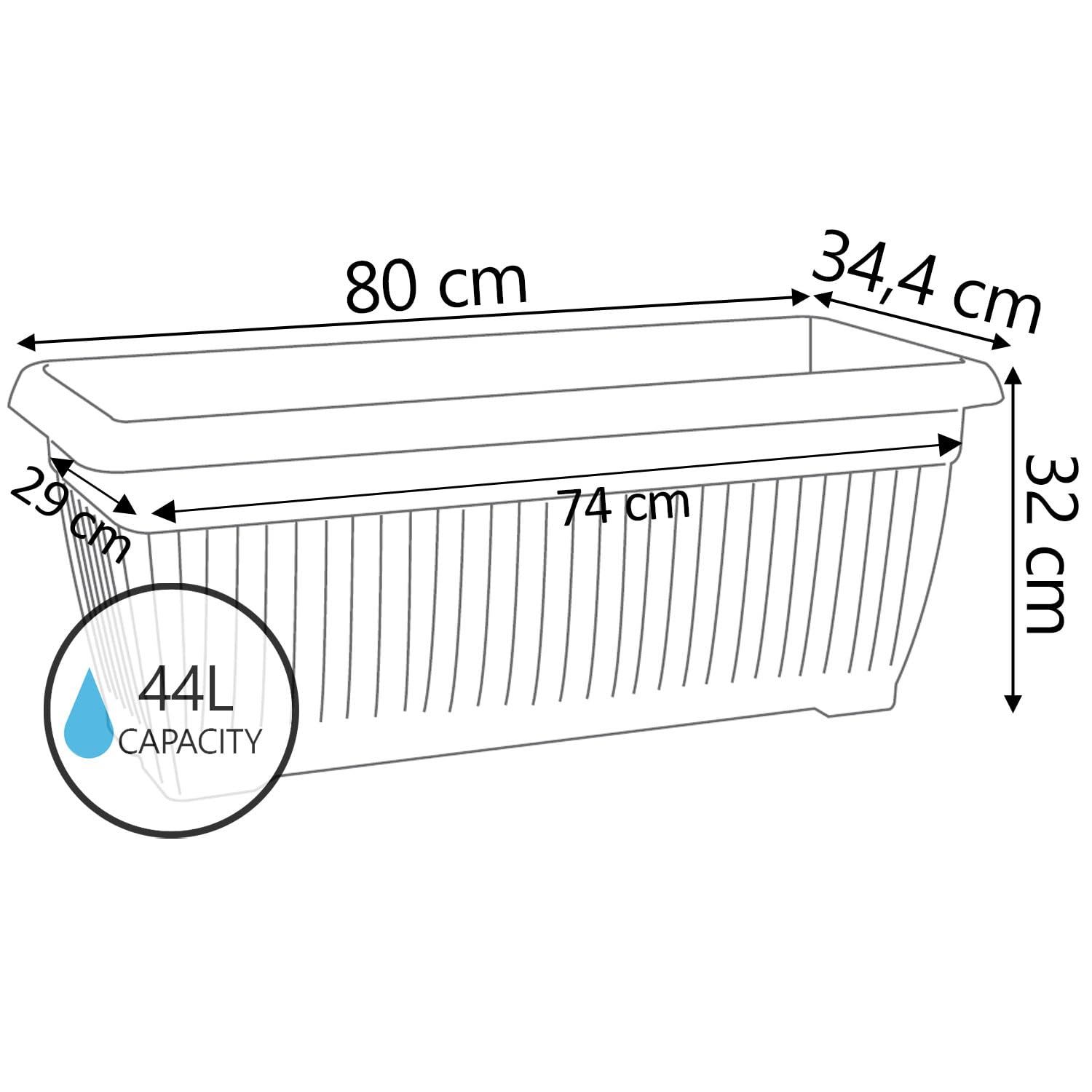 IMJ-Global Juego de 3 macetas rectangulares para flores, plantas, de plástico, 80 x 34,4 x 32 cm, para interior y exterior, color negro, volumen 44 litros, diseño moderno