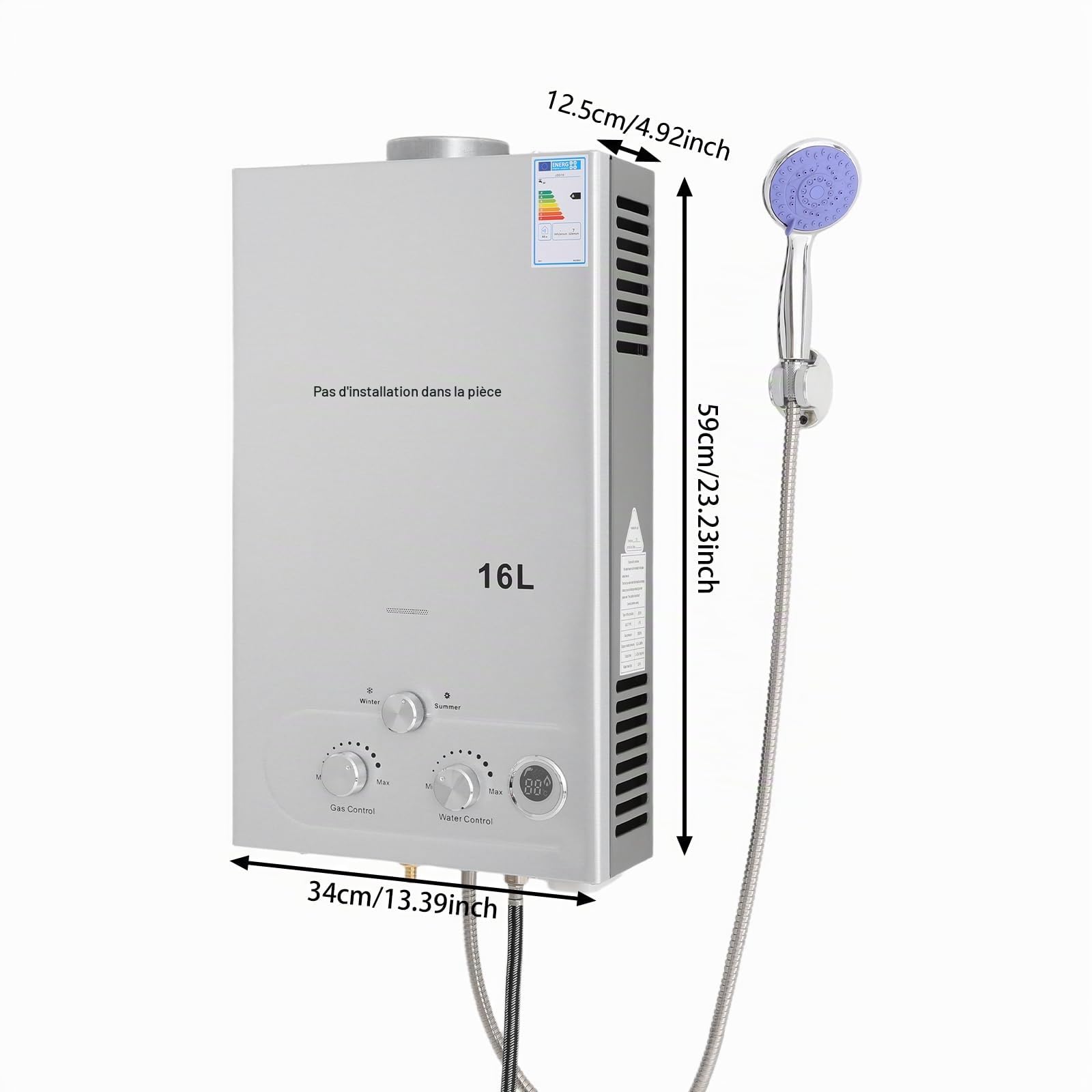 Chauffe-eau instantané au GPL 32KW, capacité 16L – Eau chaude immédiate avec pommeau de douche et tuyau – Chauffe-eau à gaz portable pour camping, caravane et jardin – Haute efficacité (≥80,8%