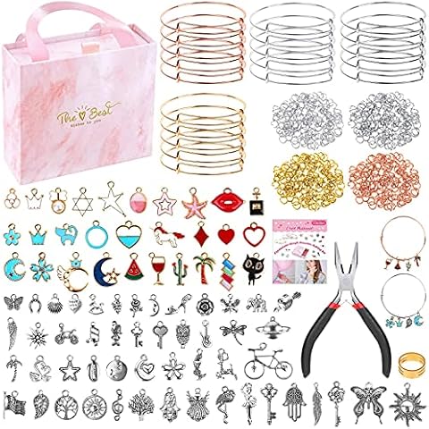 Thrilez 300Pcs Charm Bangle Bracelets Making Kit with Expandable Bangles, Charms, Jump Rings and Pliers for Jewelry Making Bangle Bracelets (with Gift Box and Tools) Cover