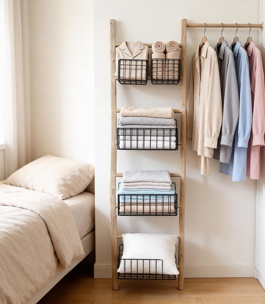 PARISLOFT 8-Tier Wooden Blanket Ladder with 5 Removable Baskets, Farmhouse Leaning Ladder Shelves for Living Room & Bedroom, Washed White Finish