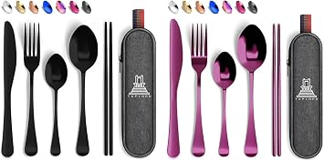 [Together Save 5%] Portable Silverware Set with Case 05-Piece Reusable Stainless Steel Utensils Purple,Black