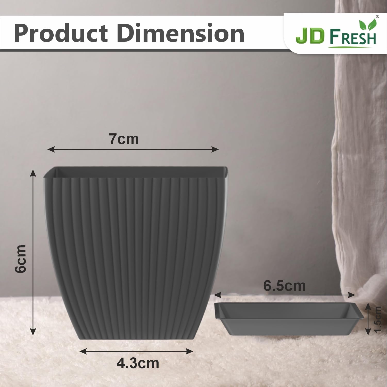 JD FRESH 5 Pack Plastic Square Flower Pots with Drainage & Bottom Tray/Lightweight, UV & Weather Resistant/6.5 Inch Planters for Indoor/Outdoor/Home/Balcony/Terrace/Garden Plant Pots (Dark Grey) - Image 2 thumbnail