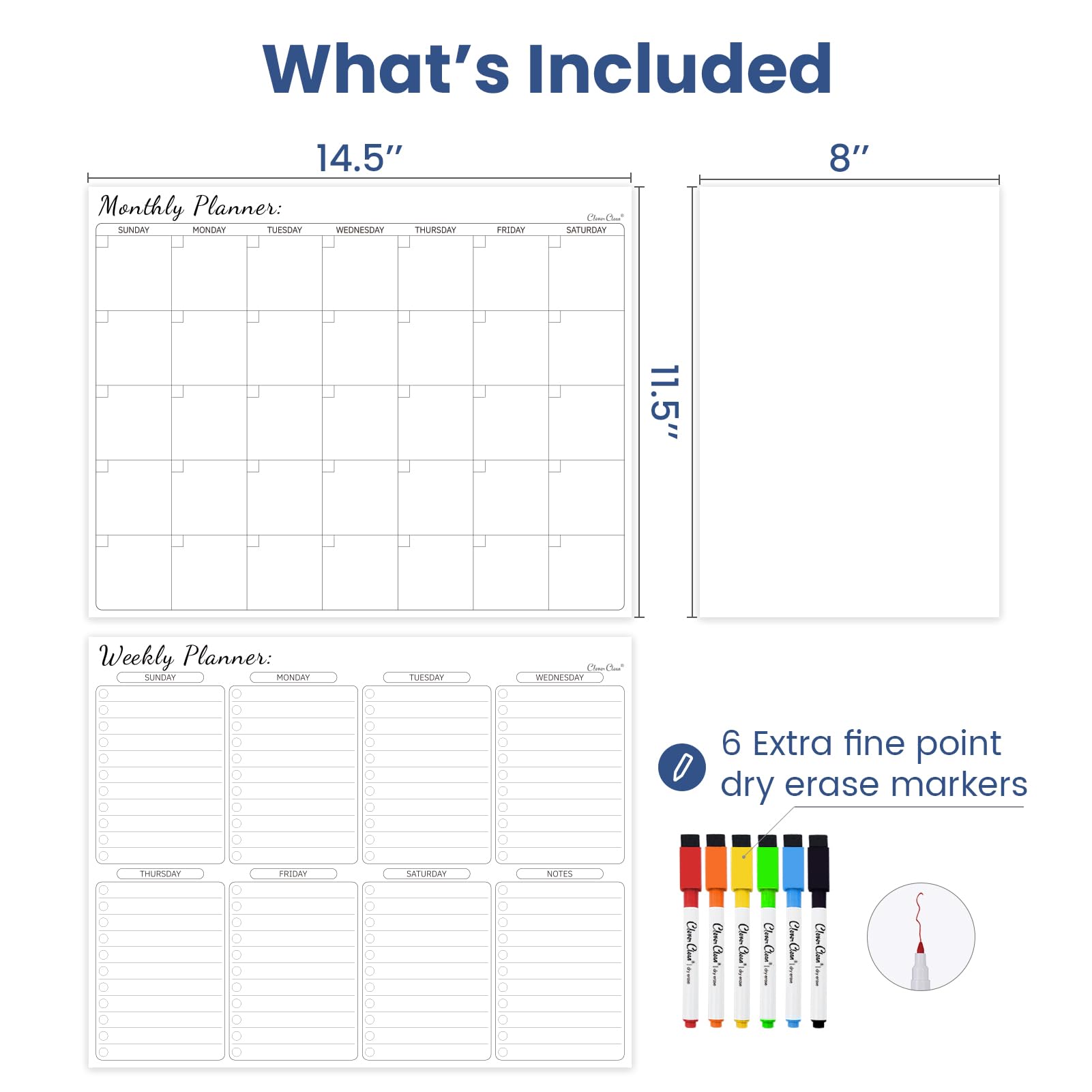 Clever Clean Set calendario non magnetico, cancellabile a secco, calendario mensile, planner settimanale e lavagna bianca bianca da attaccare al frigorifero, parete liscia, armadi e bicchieri. Idial