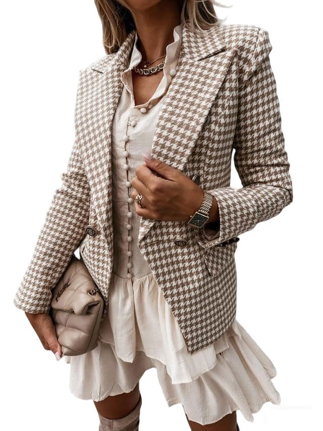 utcoco Womens Double Breasted Plaid Blazer Slim Notch V Neck Long Sleeve Houndstooth Suit Jacket