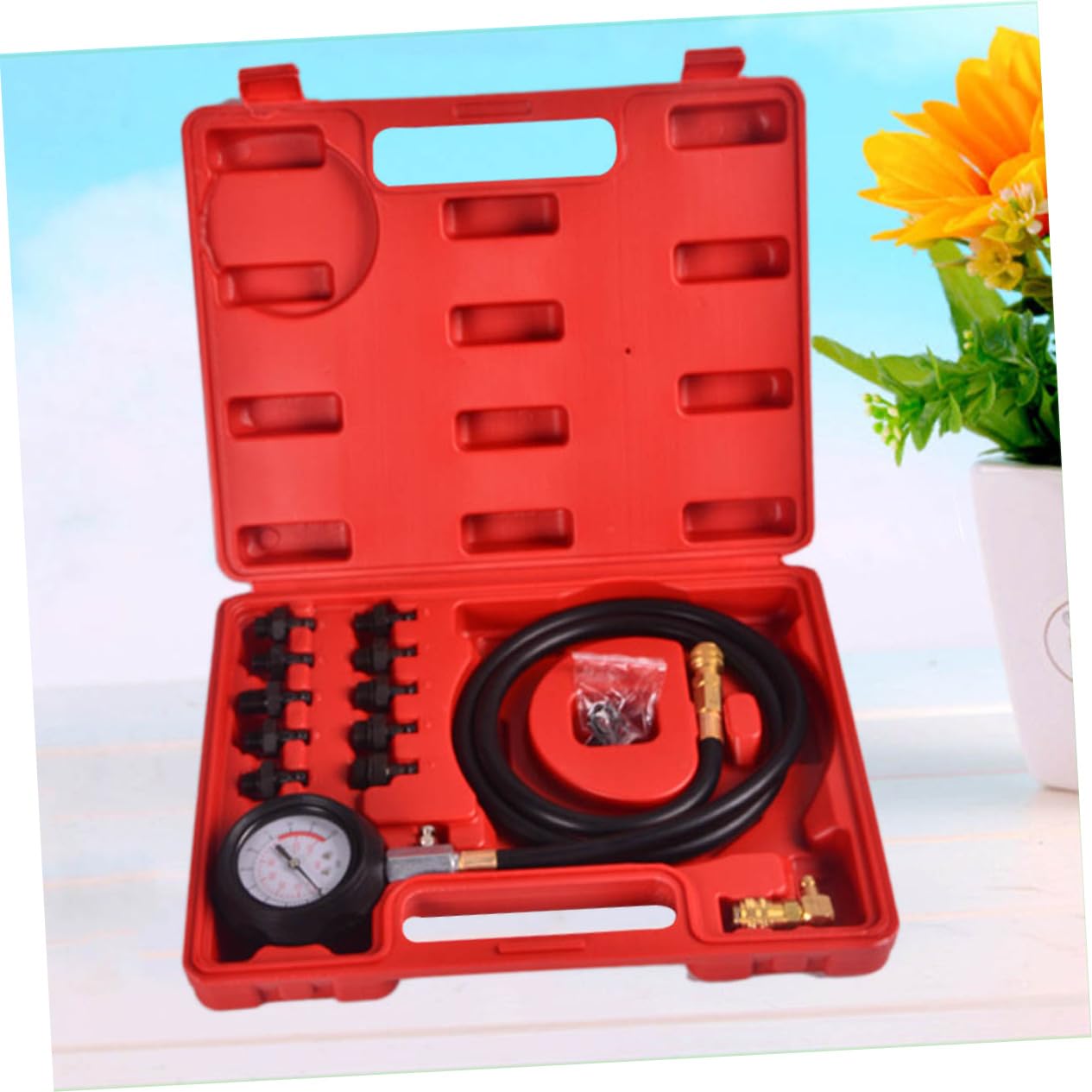 Manometro Pressione Olio Motore Auto, Kit Tester Rosso | Metallo e Plastica, Custodia Rigida Inclusa, Adattatore a 90 Gradi, Tubo e Raccordi per Motori Benzina