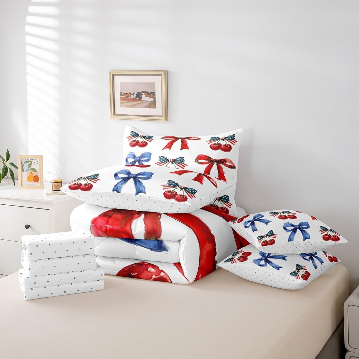 Erosebridal Coquette Cherry Comforter Set with Sheets for 4Th of July American 7 Piece Bedding Set Twin,Cute Aesthetic Bow Bed in A Bag with Flat and Fitted Sheet Red Cherries Decor Bed Set