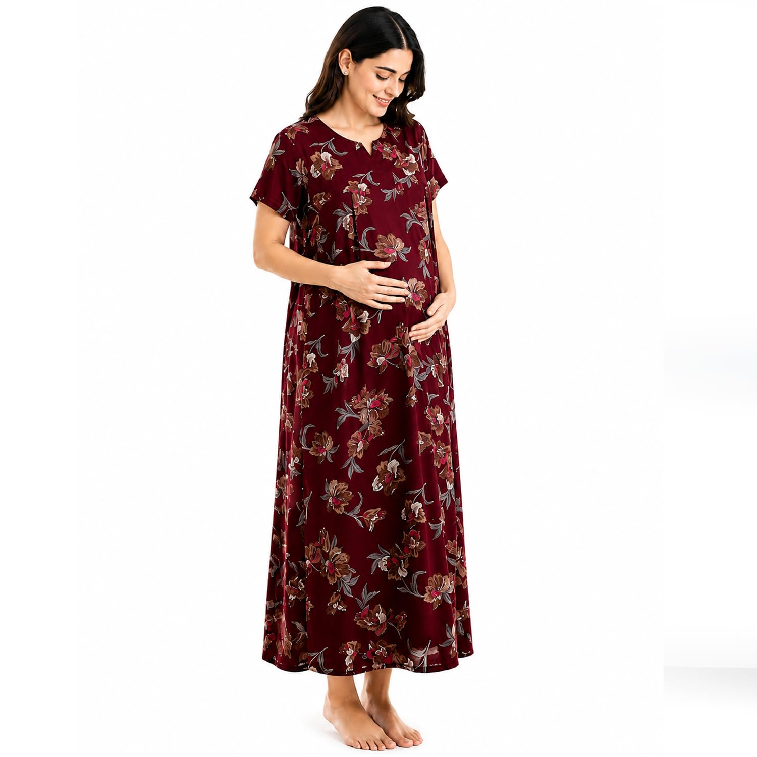 Women's Cotton Maxi Maternity Nighty/Feeding Nighty/Pregnancy Night Gown/A-Line Nursing Nighty with Zippers for Nursing Pre and Post Pregnancy-image-44