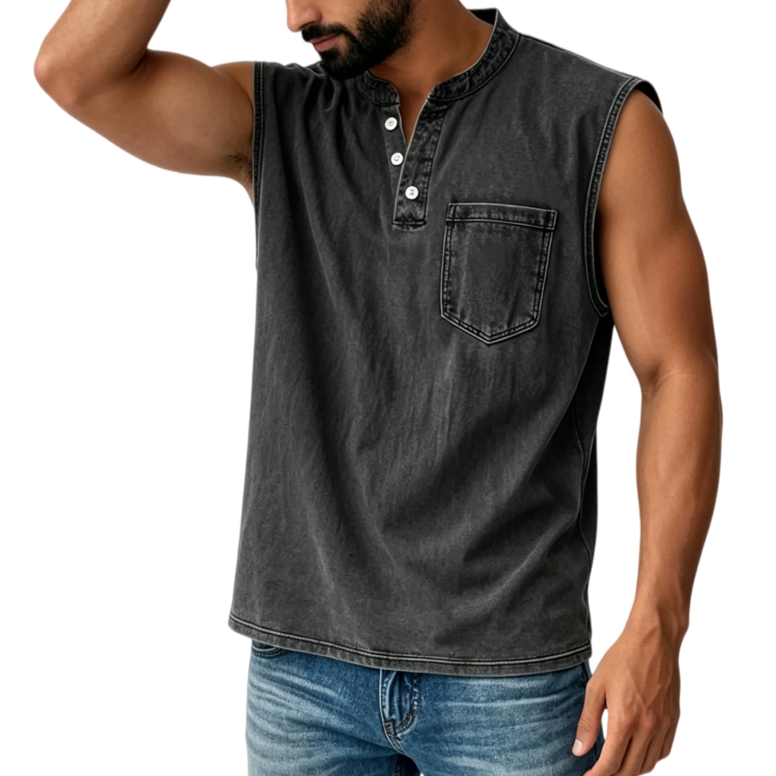 Camiseta sin Mangas para Hombre con Cuello Henley y Corte cómodo, Ideal para Entrenamientos y sesiones Deportivas, con Bolsillos.