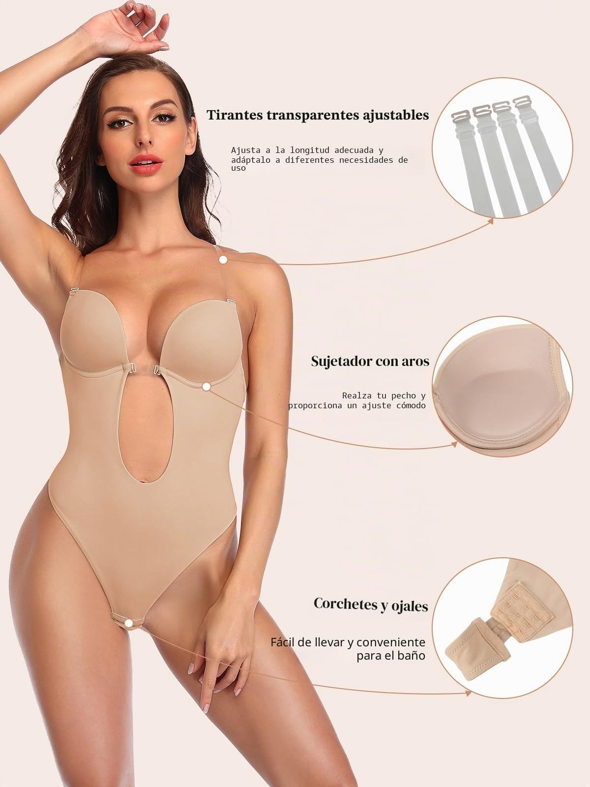 SHAPERIN Mujer Body Reductor con Sujetador Push Up Cuello en V Profundo Body Faja Tanga Sin Espalda Shapewear Bodysuit Sin Costuras