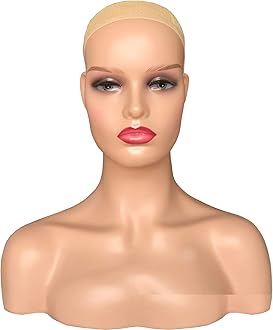 Rossy&Nancy Realistic Female Mannequin Head with Shoulder Manikin PVC Head Bust Wig Head Stand for Wigs Display Making,Styling,Sunglasses,Necklace Earrings (Beige)