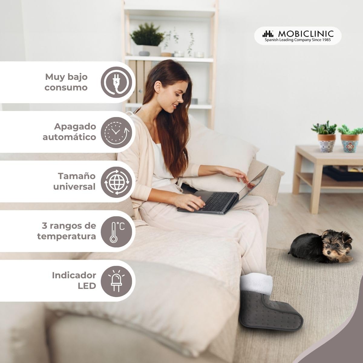 Mobiclinic, Calientapiés eléctrico, Muy bajo consumo, 100w, Apagado automático, Lana y vellón, Marca española, Forro interior fácilmente lavable, 3 niveles de temperatura, 30 x 24cm, Gris