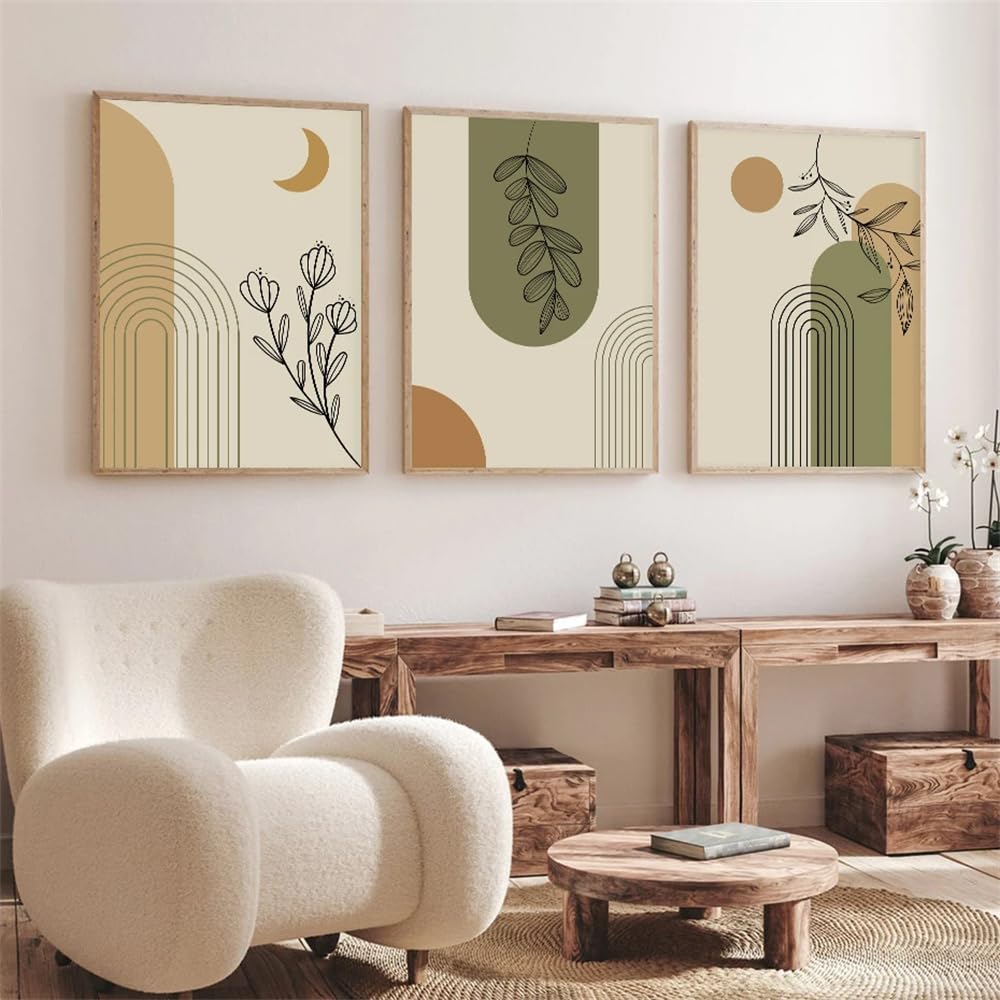 WUHBCZ Wall Posters-Boho Green Beige Leaves Poster Abstract Geometric Wall Art Mid Century Canvas Painting Prints Picture for Living Kitchen Room Decor-40 * 50cm/3PCS (No Frame)