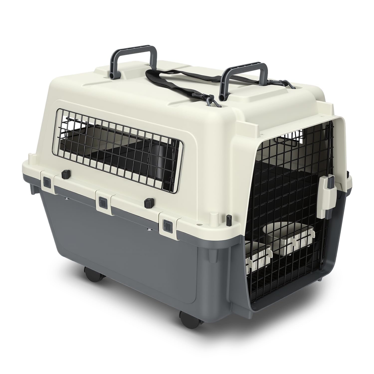Caja de transporte para mascotas de PP con puerta y ventana de metal con asa de transporte y correa 67,3 * 54,9 * 51,5 cm con 4 ruedas, caja de transporte para gatos y perros con rueda para