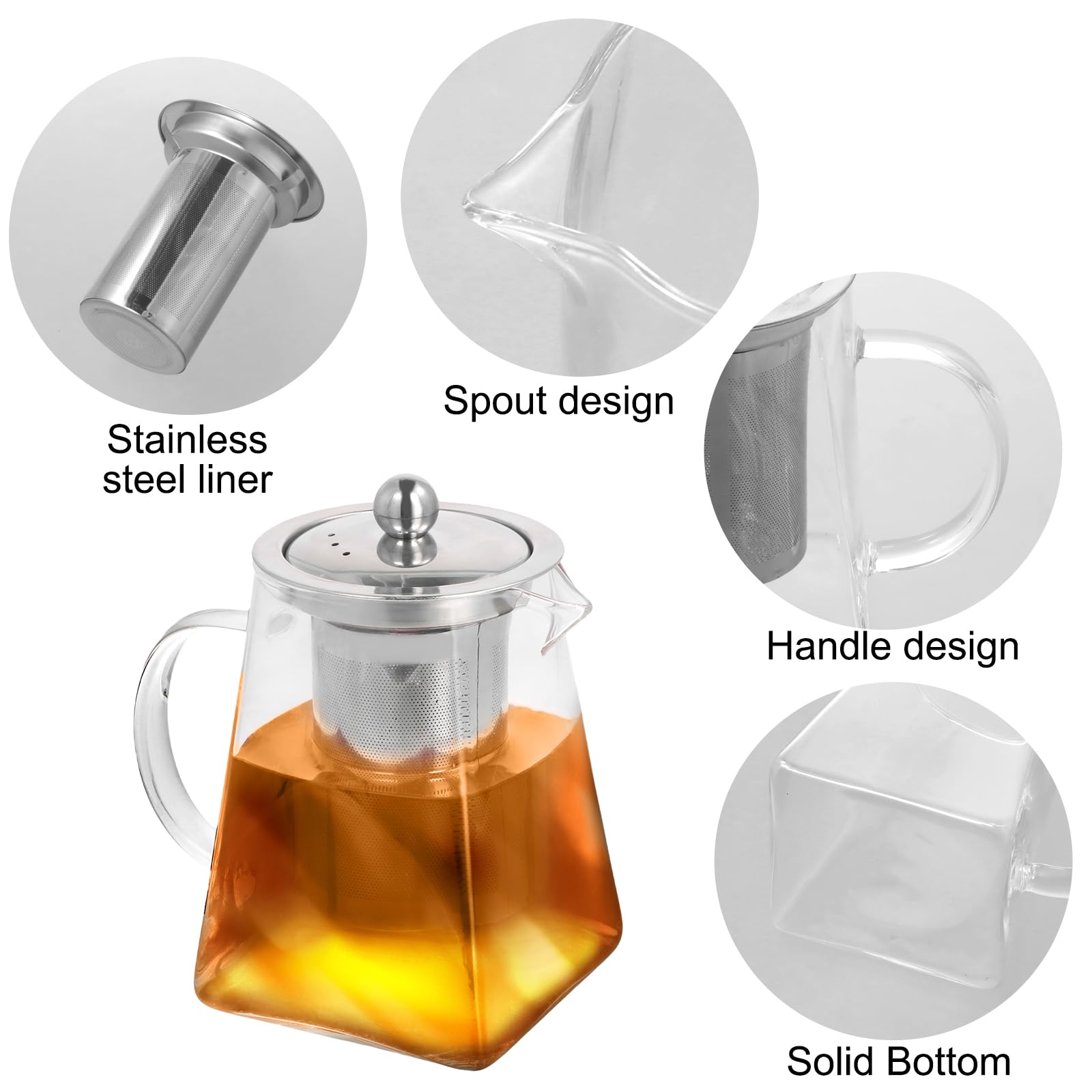 Glas Teekanne, 950ml Quadratische Glas-Teekannen mit Teesieb, Borosilikatglas Teekanne, für Tee, Kaffee, losen Tee, Teebeutel, Kräutertee, Herdsicherer Teebereiter (950, Milliliter)