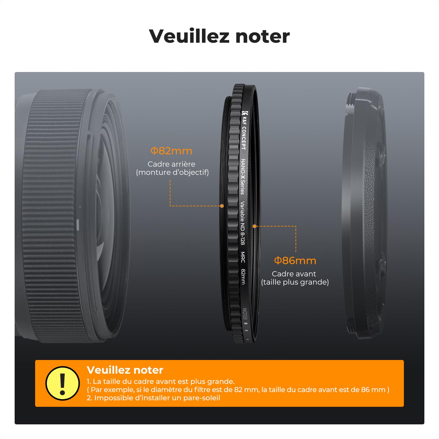 K&F CONCEPT Filtre ND 82 mm Variable ND8-ND128 3-7 Stops Lentille Densité Neutre Gris sans Croix Noir pour Appareil Photo Reflex Numérique Canon Nikon Olympus Panasonic Pentax Sony