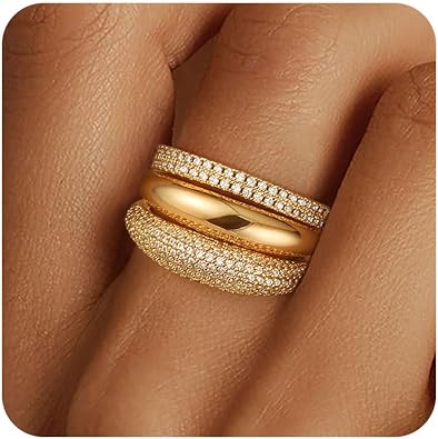 FUNEIA Stackable Gold Rings for Women Non Tarnish Chunky 14K Gold Plated Rings that Dont Tarnish Engagement Cubic Zirconia Ring Set Stack Dainty Pinky Wedding Bands Thumb Rings Gold Jewelry Size 6-11