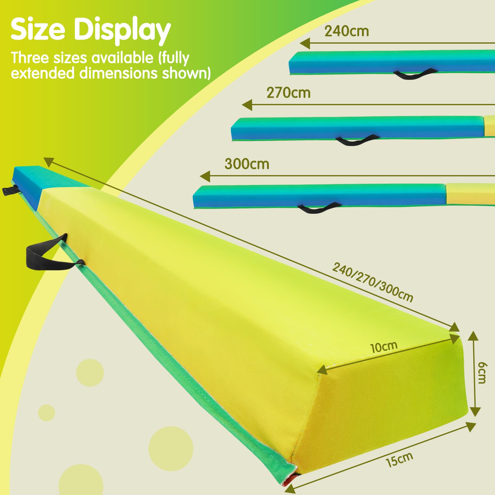 Poutre d'Équilibre Gymnastique avec Surface Simili-Suede EVA+EPE en 3 Tailles (240cm/270cm/300cm) Pliable pour Enfants & Adultes + Sac de Transport