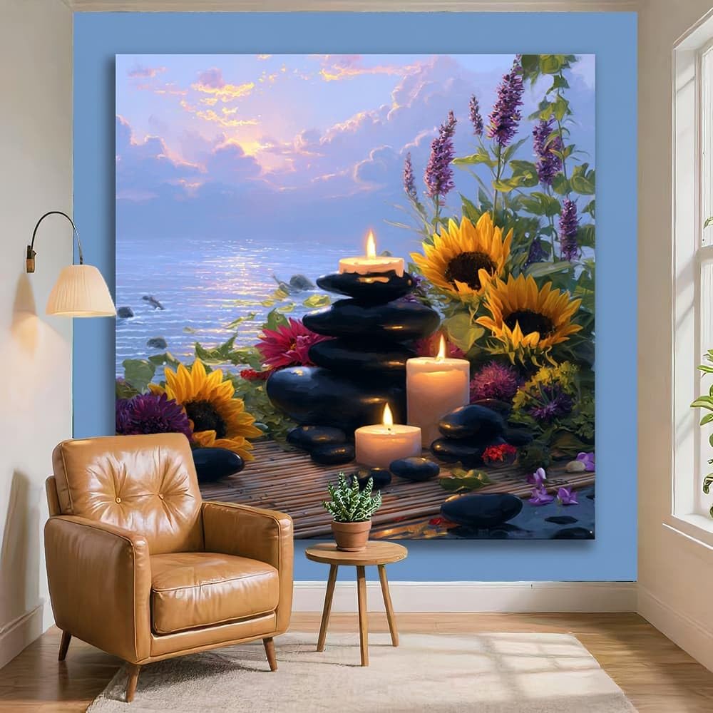 Fototapeta 3D włóknina 250 x 175 cm ocean rośliny słonecznik kamień tapeta fioletowy plakat do domu biura sypialni gabinetu salonu