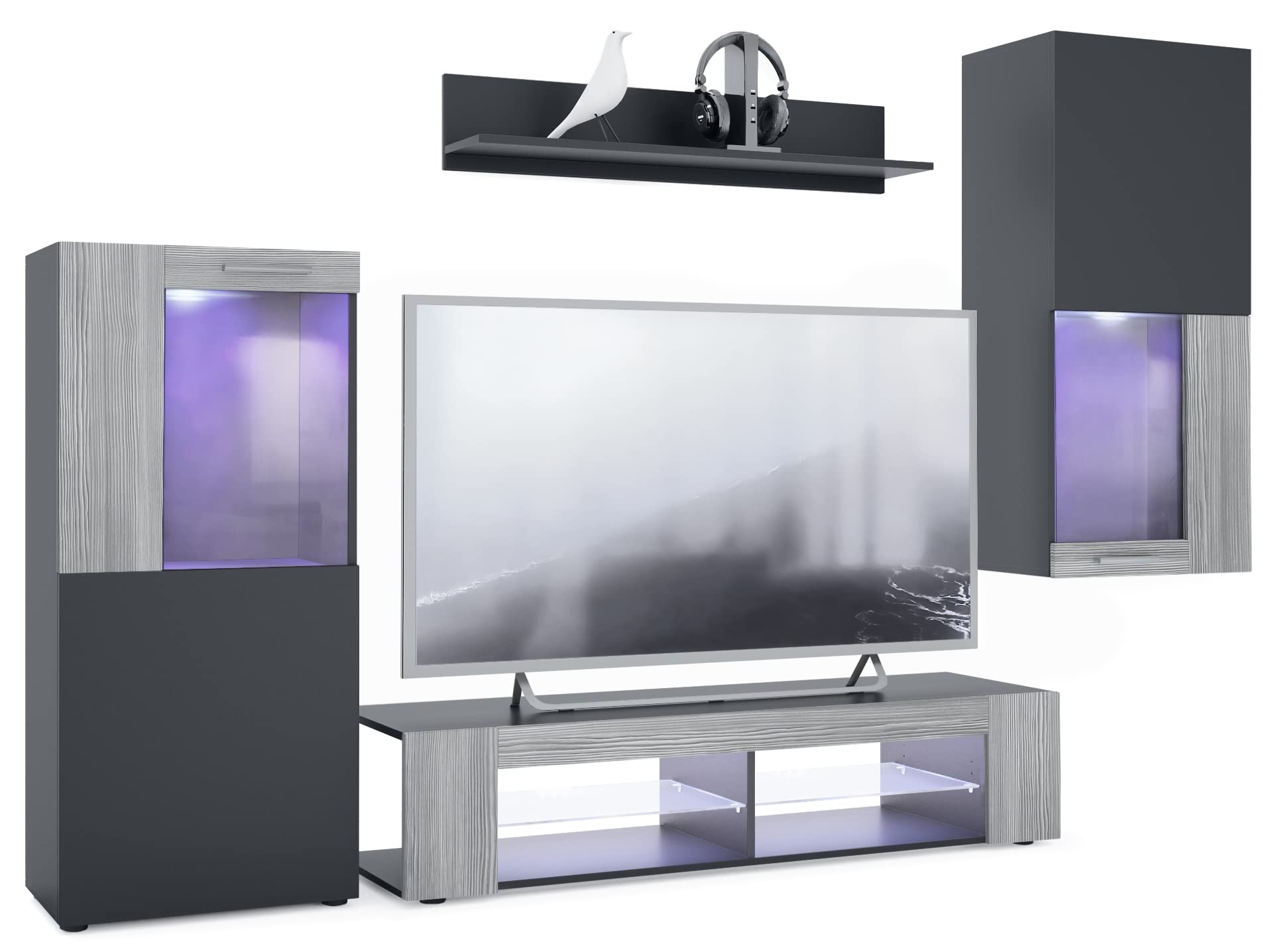 Vladon Wohnwand Movie, Anbauwand bestehend aus 1 TV-Board, 2 Vitrinen und 1 Regal, Schwarz matt/Schwarz matt/Avola-Anthrazit, inkl. LED-Beleuchtung weiß (Gesamt: 300 x 190 x 39 cm)