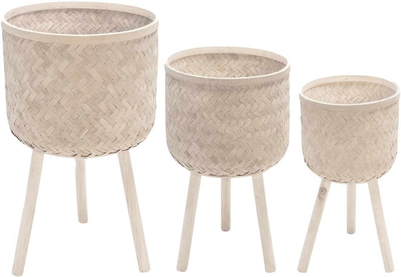 Set of 3 Decorative Planter Pots with Wooden Legs – Bamboo & Pine – Indoor & Outdoor Modern Plant Pot – Decorative Pots for Plants & Home Decor Planters – 22", 26", 30", White 26" H Woven White