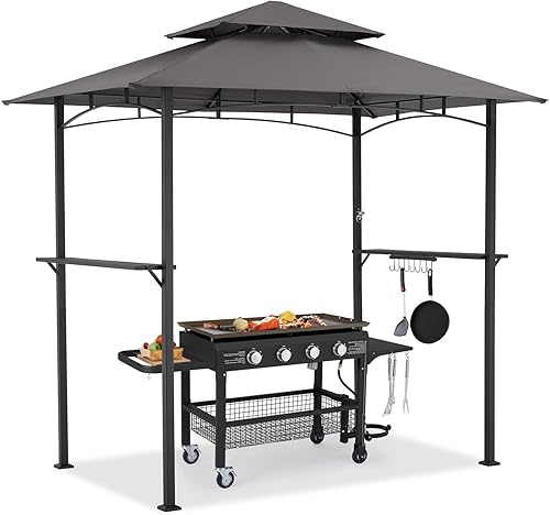 AECOJOY Gazebo de parrilla de 8 x 5 pies, toldo para parrilla al aire libre, refugio de 2 niveles para patio, patio trasero y más (gris oscuro)