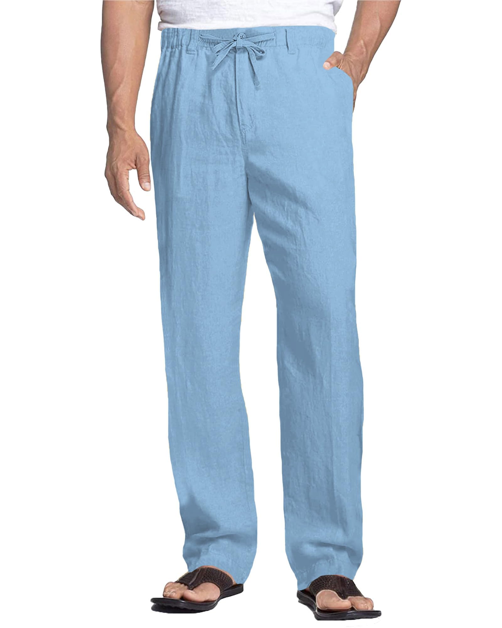 Cegerne Pantaloni di Lino Uomo Estivo Lungo Leggero Casual, Vita Elastica Zip e Coulisse, Tasche Traspiranti per Spiaggia Vacanze Quotidiano