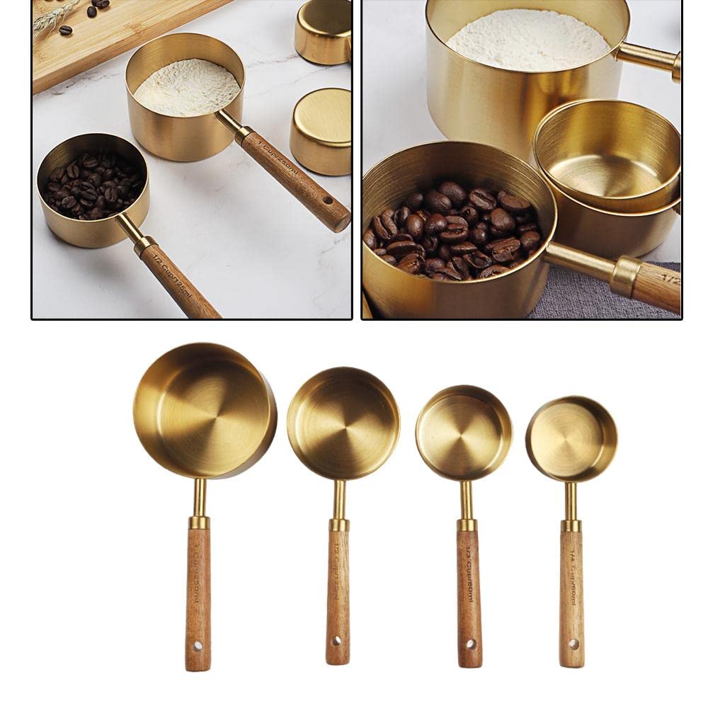 Sharplace 4 Piezas Tazas de Medir Acero Inoxidable Juego Cucharas Medidoras con Mango Madera Escala Precisa Utensilios para Cocina Apto para Hornear Cocinar Bar, tal como se describe, Taza medidora