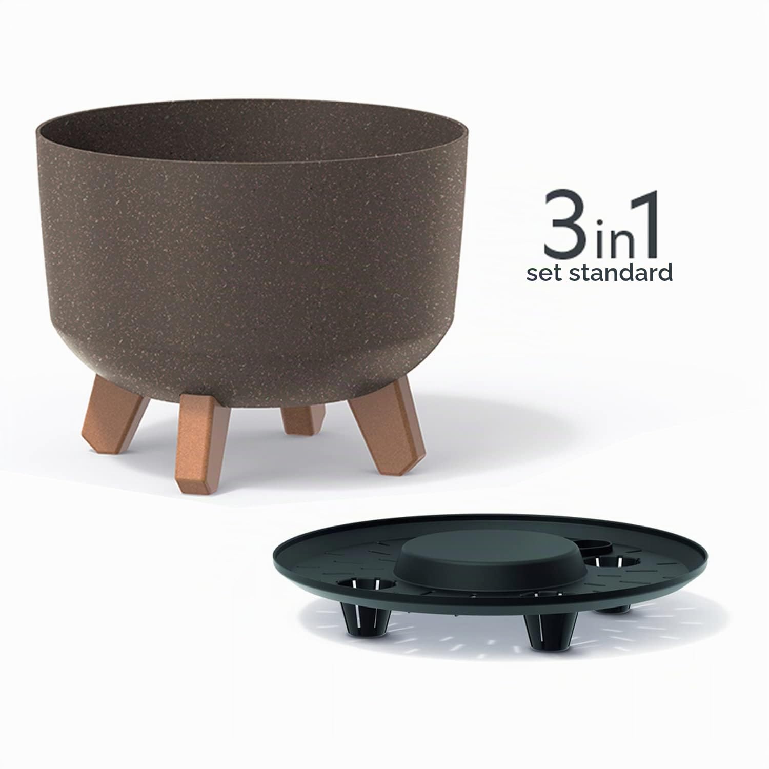 Set di 3 Vasi per Fiori Piante Tondi Gracia Regular ECO WOOD In Plastica e 33% Legno Ø29x22cm Da Interno Esterno Caffè Volume 9,8 Litri Design Moderni