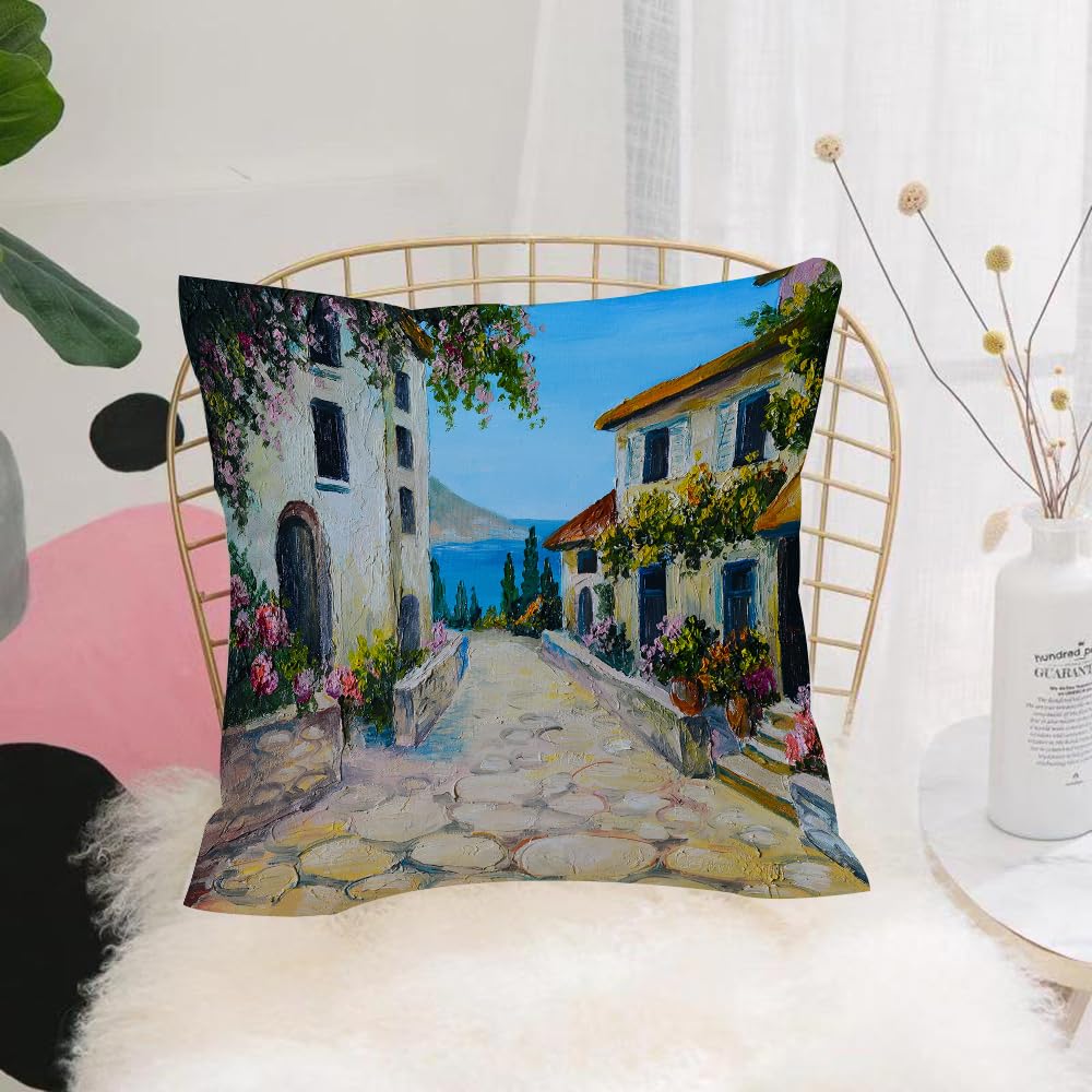 Hyosxw Southern European Mediterranean Seaside Town - A10 Cushion Cover,Throw Pillow Case Home Decorative For Living Room Bedroom Sofa Chair 18X18 Inch,Southern European Mediterranean Seaside Town In Oil Painting,Pillowcase 45X45cm