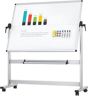 VIZ-PRO Double-Sided Magnetic Mobile Whiteboard 48x36" Rolling Dry Erase Board on Wheels, 360° Rotatable Aluminum Frame Stand