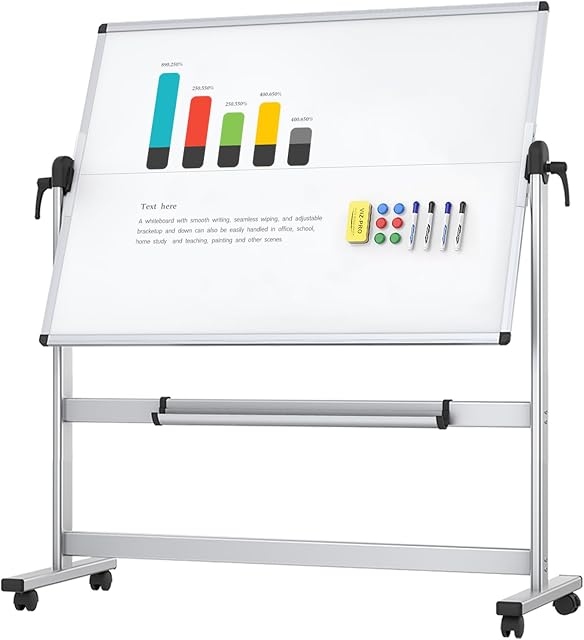 VIZ-PRO Rolling Whiteboard, 48" x 36" Mobile White Board with Stand | Double-Sided Standing Magnetic Dry Erase Board on Wheels for School Office Home 4' x 3'