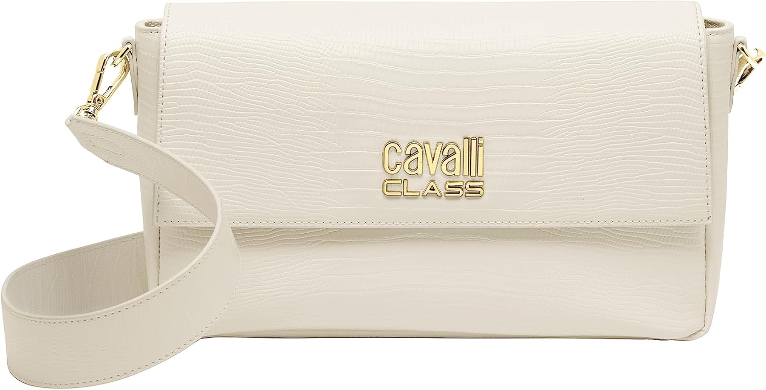 Cavalli Class CATANIA White Snakeskin Textured Medium Crossbody Bag for womens