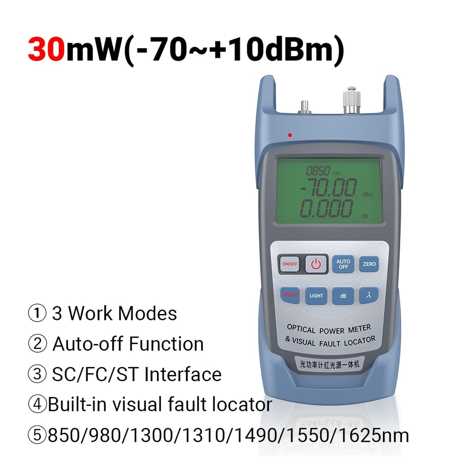 Medidor De Potencia Óptica De Fibra con Localizador Visual De Fallos, Probador De Fibra, Conector SC FC ST, Equipo De Prueba Óptica (-70~10dBm),Datos De MedicióN Precisos(AXP30D 30mw)